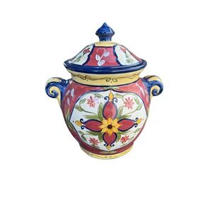 Pier 1 Vallarta Handpainted‎ Earthenware Canister Lidded cookie Jar Floral